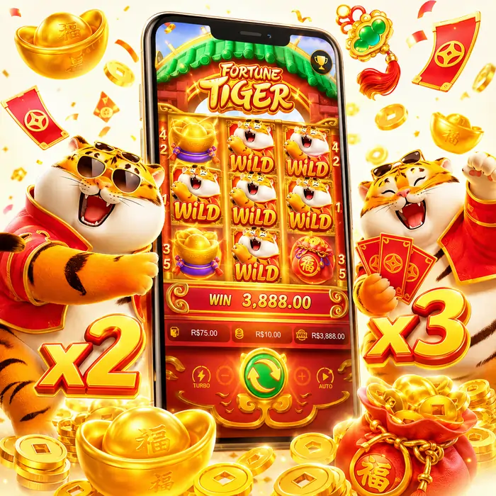 Fortune Tiger gameplay screen on a mobile phone showing a win of 3,888.00, flanked by two orange tiger mascots celebrating with x2 and x3 multiplier badges.